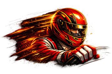 Naklejka premium Racing driver in red helmet and suit with speed effect