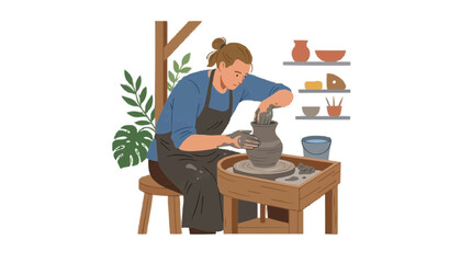 Fototapeta premium 2d FLAT MINIMALISM Artist shaping clay on a pottery wheel in a minimalist studio setting PNG Isolated on transparent background vector