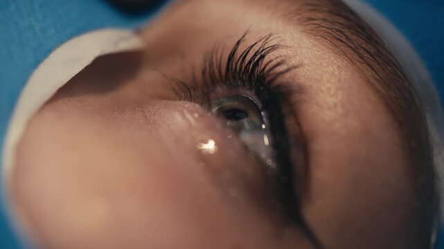 Close-up of a patient's eye during ophthalmic surgery, revealing detailed eyelashes and surgical tools, with a blue surgical drape in the background