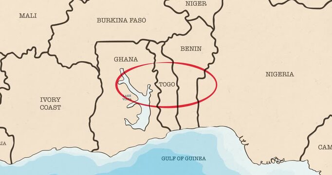Motion graphic video of a red circle marking to togo on a vintage political map