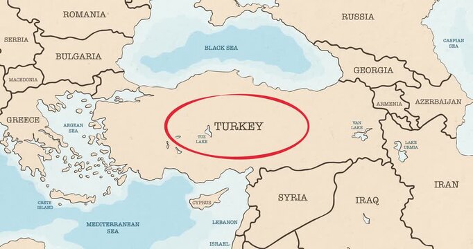 Motion graphic video of a red circle marking to turkey on a vintage political map