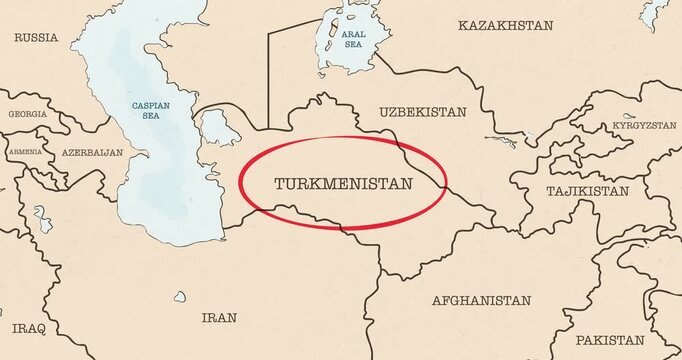 Motion graphic video of a red circle marking to turkmenistan on a vintage political map