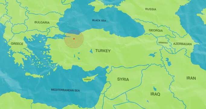 Motion graphic video of an earth waves concentric lines into a turkey map of an earthquake epicenter composition concept