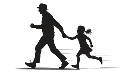 Naklejka premium Father and daughter run together while holding hands in a simple black silhouette.