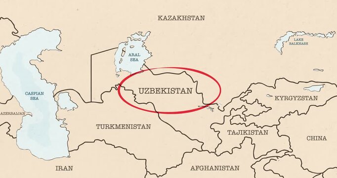 Motion graphic video of a red circle marking to the uzbekistan on a vintage political map