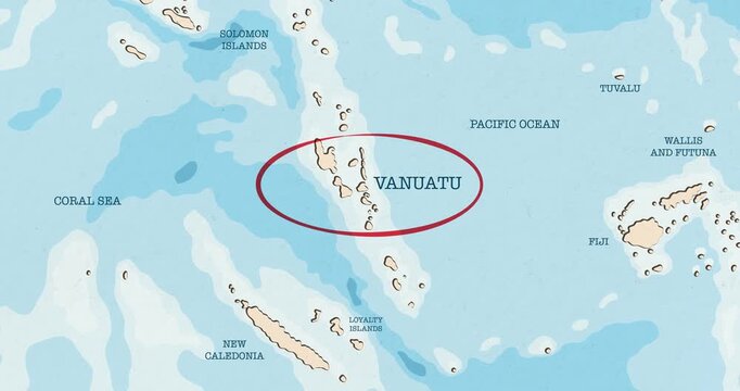 Motion graphic video of a red circle marking to the vanuatu on a vintage political map