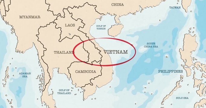 Motion graphic video of a red circle marking to the vietnam on a vintage political map