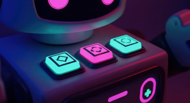 Extreme close-up of a futuristic toy robot's control panel with glowing buttons.