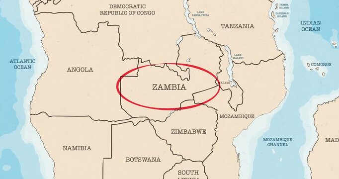 Motion graphic video of a red circle marking to the zambia on a vintage political map