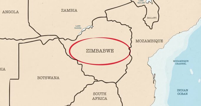 Motion graphic video of a red circle marking to the zimbabwe on a vintage political map