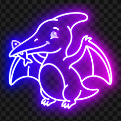 Cute neon Pterodactyl dinosaur holding a fish in its beak glowing purple vector line art © Brisy Gayen