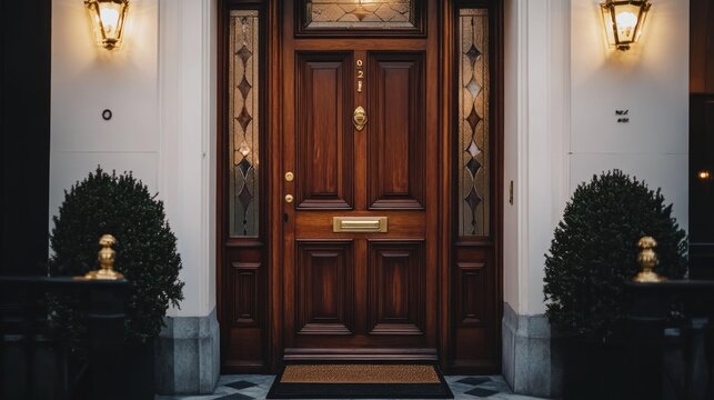 A dark brown wooden front door with decorative glass panels.