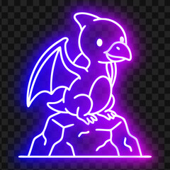 Cute neon pterodactyl dinosaur vector illustration sitting on a rock © Brisy Gayen