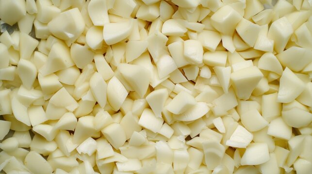 Close-up view of diced potatoes.