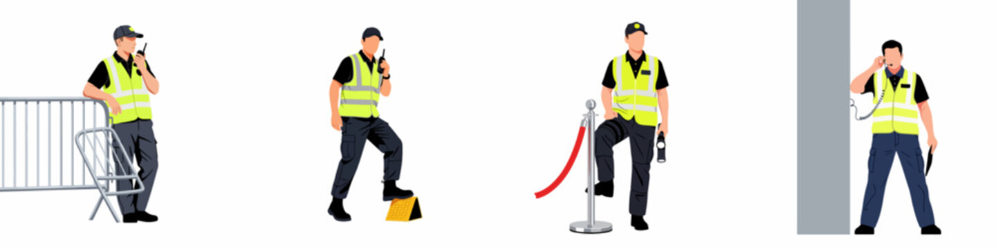 Flat vector illustrations of security guards and event staff in reflective vests performing various duties such as patrolling and communicating.