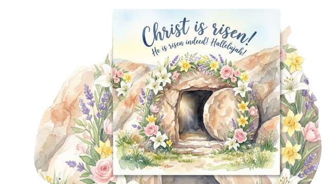 watercolor, Christian resurrection, Easter watercolor illustration- the cave of Jesus Christ, a flower wreath, the inscription -Christ is risen!- Easter print, decor, Christian resurrection, Holy