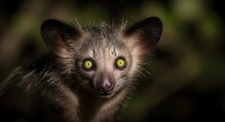 Fototapeta premium Rare Aye-Aye Lemur with Glowing Yellow Eyes in a Dark Tropical Rainforest at Night