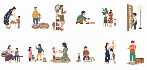Fototapeta premium Flat vector illustration set of diverse children and parents engaged in indoor activities, including playing, reading, painting, and learning at home.