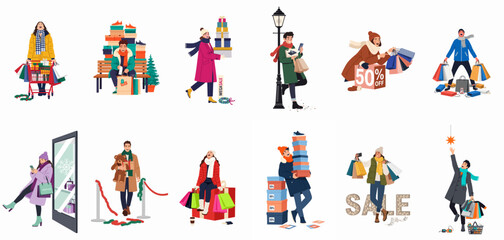 Fototapeta premium Set of diverse people enjoying winter holiday shopping with colorful bags and gift boxes, ideal for seasonal sale and retail promotions.