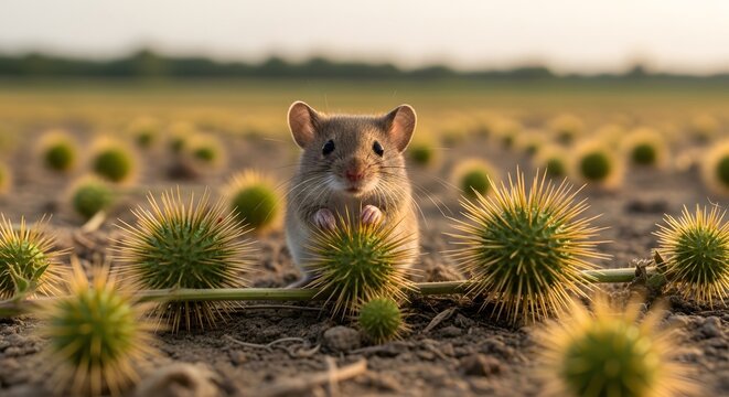 Curious Field Mouse Exploring Dry Grassland at Golden Hour