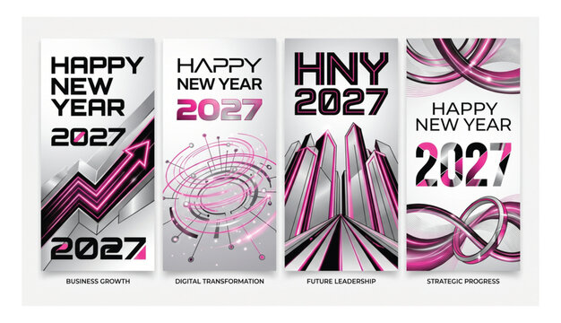 Happy new year 2027 professional business growth and transformation banners with business transformation leadership progress corporate template illustration abstract skyscrapers strategy