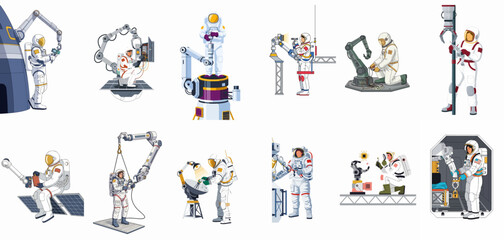 Vector illustration set of astronauts performing various technical maintenance and repair tasks using robotic equipment in space exploration settings. © james