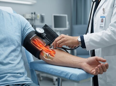 Modern blood pressure cuff brachial artery transparent view featuring blood pressure cuff, brachial artery and hypertension, created as a clinical composite, sharp 4K clarity with clean composition.
