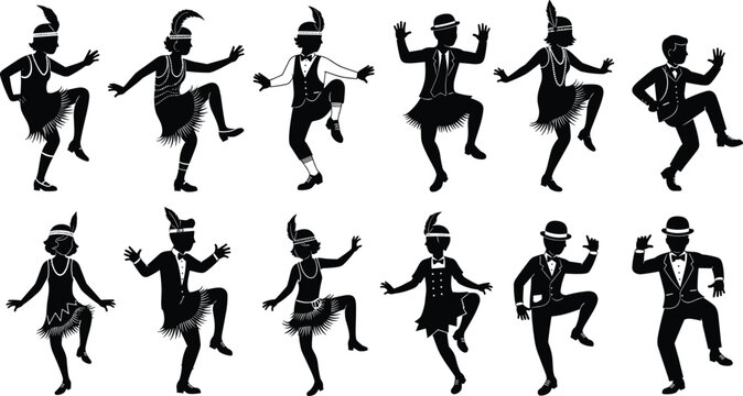 Vintage Jazz Era Dancer Silhouette Set with Retro 1920s Flapper and Swing Dance Poses for Party Design