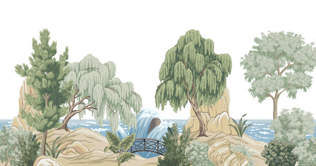 Park vintage botanical landscape, river, waterfall, willow, trees, bush, stone panorama. Nature mural. © good_mood