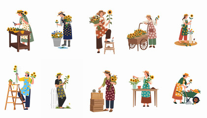 Naklejka premium Set of flat vector illustrations featuring women florists and gardeners harvesting, arranging, and working with sunflowers in various outdoor and indoor settings.