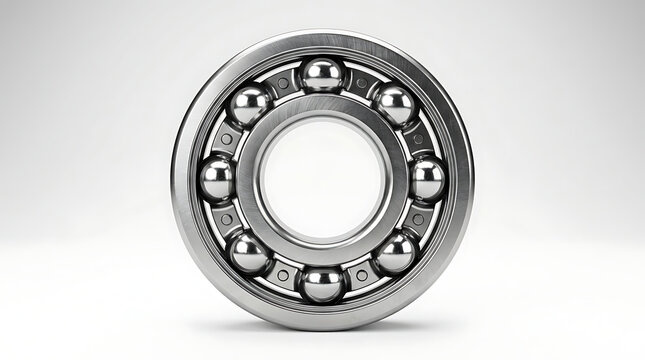 A close-up view of a metal bearing with balls on a white background