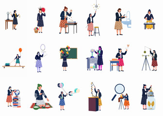 Fototapeta premium Collection of flat vector illustrations depicting a woman performing various science experiments and educational activities for physics and chemistry learning.