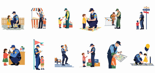 Fototapeta premium Vector illustration set of police officers helping and interacting with children at public events and outdoor locations.