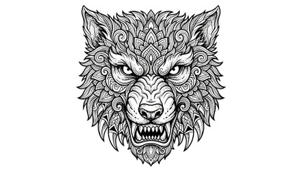 Obraz premium Intricate Wolf Head Mandala Art, Fierce Animal Illustration, Black and White Design