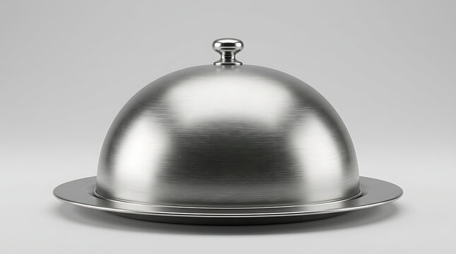 A shiny silver cloche with a small knob sits on a round tray indoors.