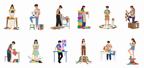 Fototapeta premium Illustration set of diverse young people engaged in creative crafts including tie-dyeing, sewing, and gift wrapping with colorful fabrics and unity themes.