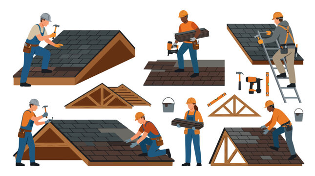 Roofing Construction: Workers Installing Shingles on House Roofs and Trusses