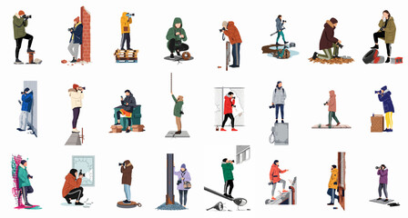 Flat vector illustration set of diverse young people exploring urban ruins and industrial sites with cameras in cold weather gear. © michael