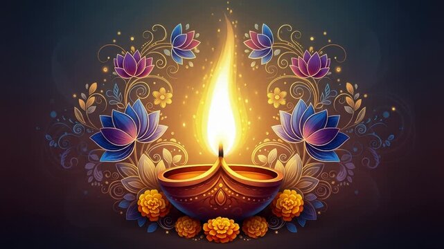 Glowing diya lamp lit for Ganesh Chaturthi celebration. Traditional oil lamp with lotus flower and marigold garland. Hindu festival spiritual light decoration.