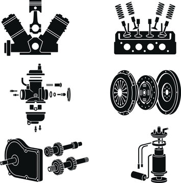 Car engine parts and mechanical components silhouette collection featuring v8 block cylinder head clutch plate and internal combustion system for repair and service.