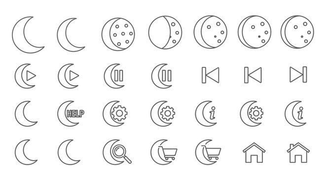 Set of crescent moon icons and media controls in modern minimalist design