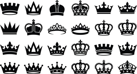 Obraz premium Hand drawn crown icons set black silhouettes on white background