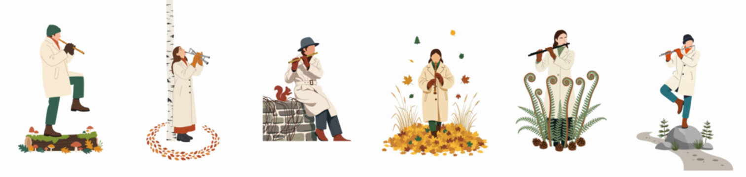 Collection of illustrations featuring musicians playing flutes and recorders in various serene autumn nature settings on a white background.