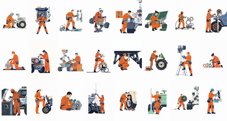 A collection of illustrations featuring futuristic mechanics and astronauts in orange jumpsuits performing maintenance and repairs on advanced machinery and space rovers. © emily