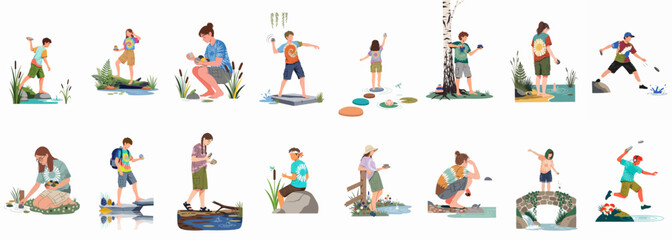 Naklejka premium Collection of flat illustrations showing young people in tie-dye shirts skipping stones, stacking pebbles, and exploring nature by rivers and ponds.
