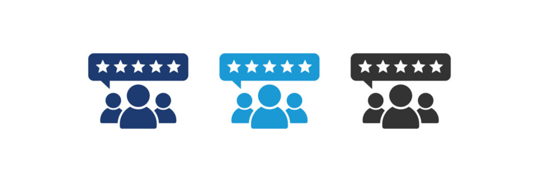 Customer review and rating icons showing five stars feedback from users in three color variations.