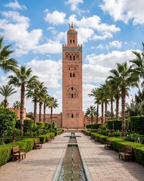 Koutoubia Mosque Minaret and Gardens with Fountains in Marrakech.