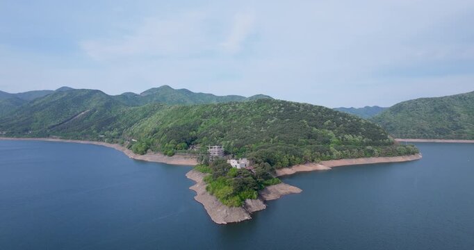 Aerial view of Boryeongho Lake and green mountains, South Korea