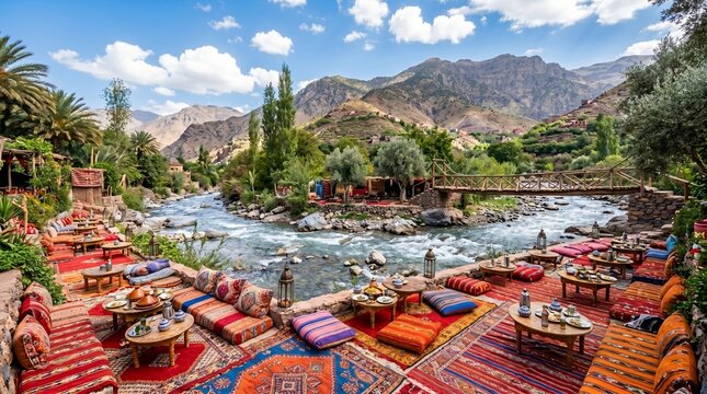 Vibrant Riverside Outdoor Dining in Ourika Valley, Morocco.