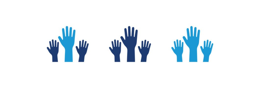 Blue raised hands vector icons representing volunteering community support and voting participation.
